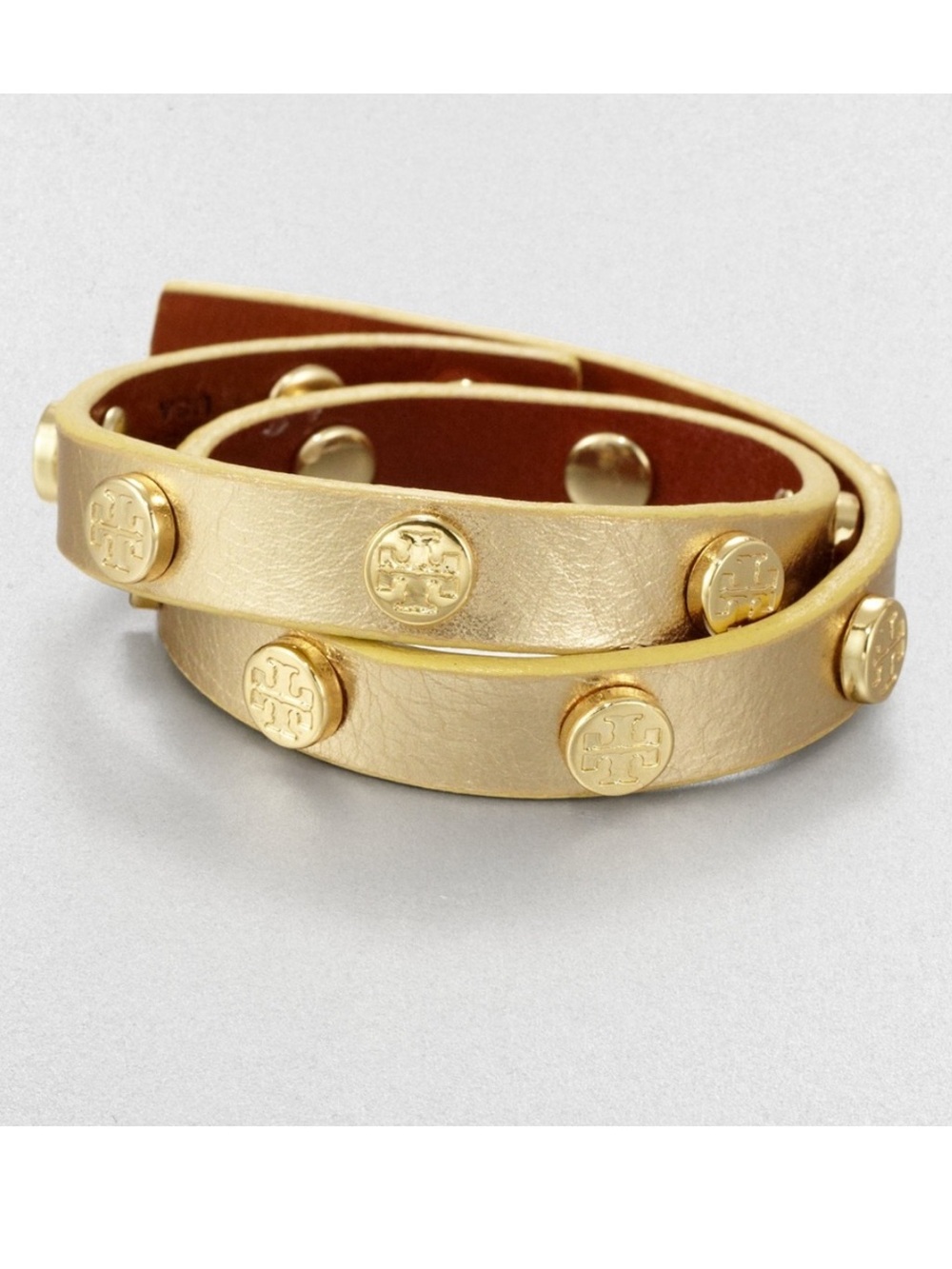Tory Burch Gold Leather Double-Wrap Logo Stud Bracelet